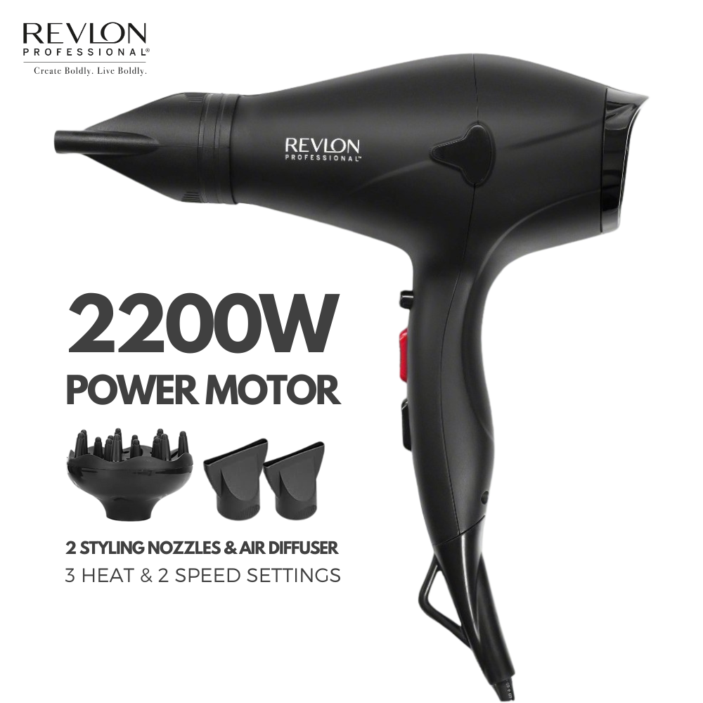 Revlon Professional Hair Dryer 2200W with 2 Styling Nozzles & Air Diffuser
