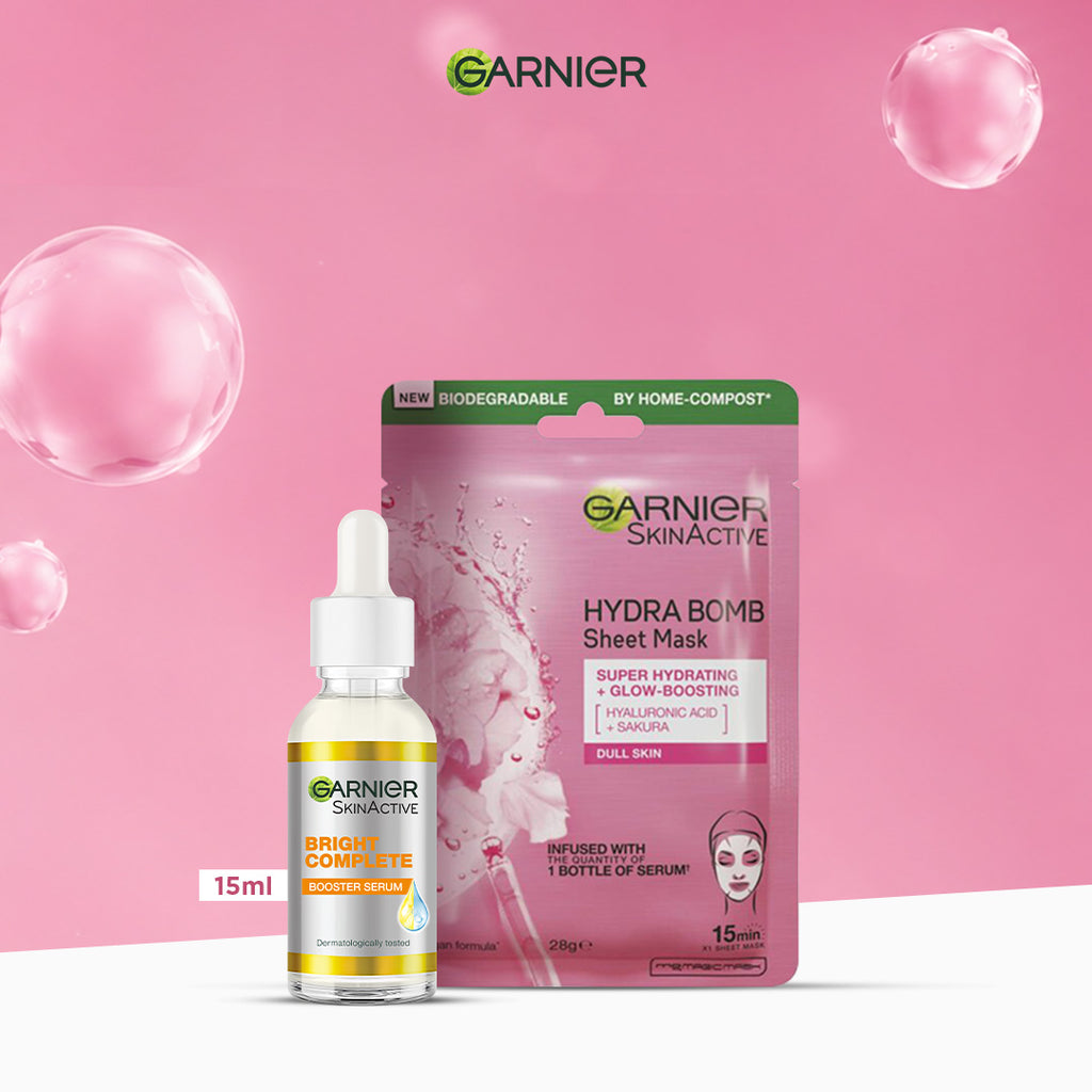Garnier Bright Complete Vitamin C Booster Serum - 30ml +  Hydra Bomb Sakura Mask