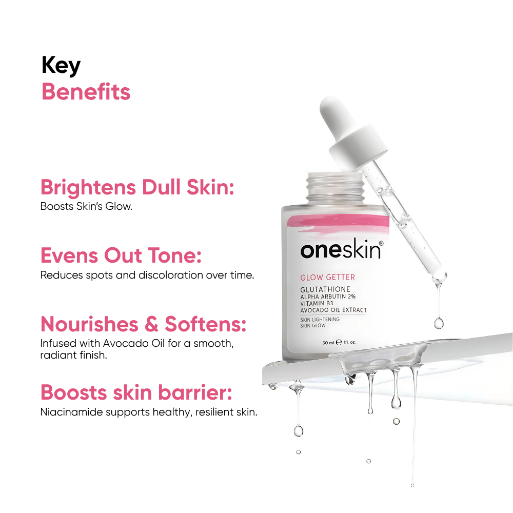 Oneskin Glow Getter Glutathione Alpha Arbutin 2%, Vitamin B3, Avocado Oil Extract - 30ml
