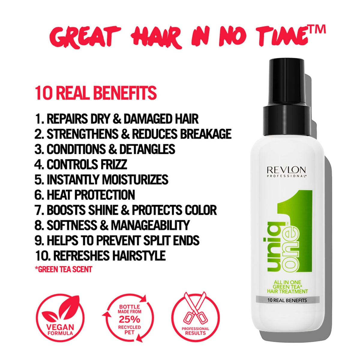Revlon Professional UniqONE™ Repair Hair Spray Leave-In Treatment - 150ml - "All-in-One" 10 Benefits Hair Serum - Green Tea Fragrance